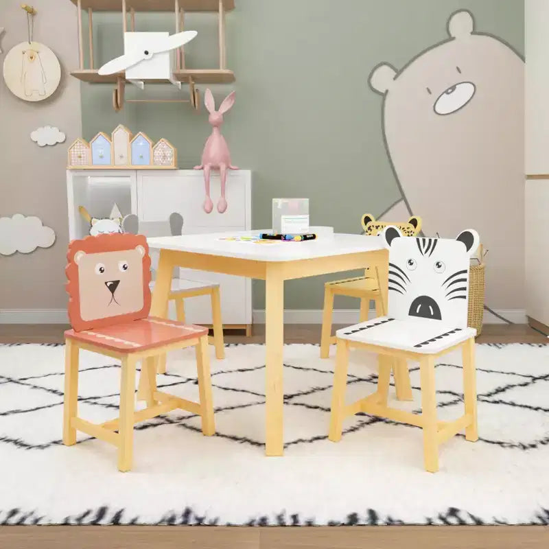 Set Tavolo e 4 Sedie per Bambini, Tavolo in Legno con 4 Sedie, Animali del Fumetto (tavolo più grande) (3-8 anni)