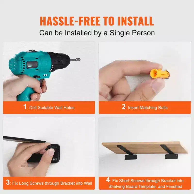 VEVOR Staffa per mensola, 15,2 cm L x 10,2 cm L x 4,1 cm A 6 pz, Staffe per mensole a Scomparsa Resistenti, Staffe a L Spesse 5 mm Nere Opache, Nero