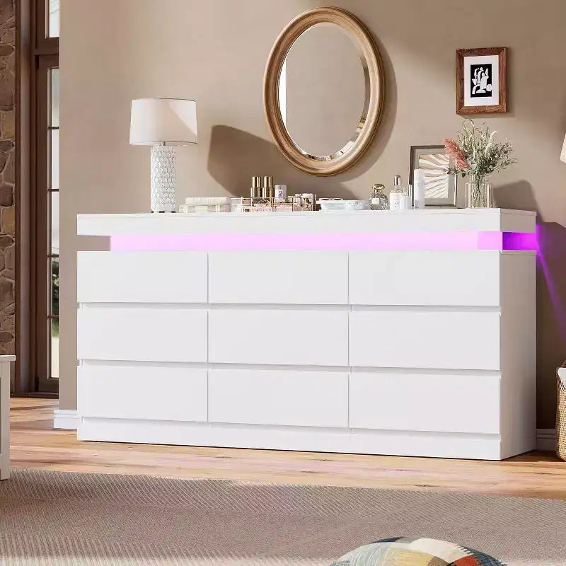Comò a 9 cassetti Acekool con porte e prese, cassettiera larga 160 cm e mobile TV, mobiletto contenitore per camera da letto