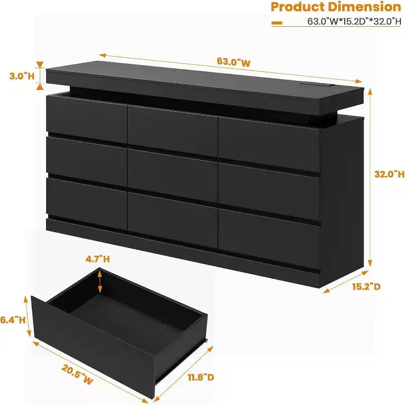 Comò a 9 cassetti Acekool con porte e prese, cassettiera larga 160 cm e mobile TV, mobiletto contenitore per camera da letto