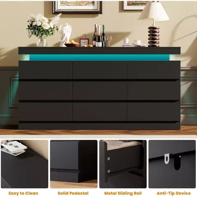 Comò a 9 cassetti Acekool con porte e prese, cassettiera larga 160 cm e mobile TV, mobiletto contenitore per camera da letto