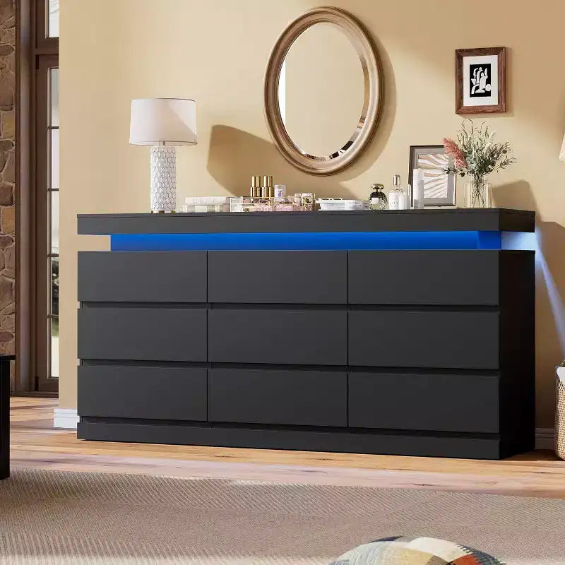Comò a 9 cassetti Acekool con porte e prese, cassettiera larga 160 cm e mobile TV, mobiletto contenitore per camera da letto