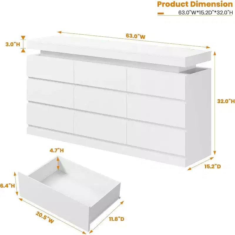 Comò a 9 cassetti Acekool con porte e prese, cassettiera larga 160 cm e mobile TV, mobiletto contenitore per camera da letto