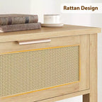 Consolle in Rattan con 2 Cassetti e 2 Ripiani - Tavolo da Ingresso per Divano in Rovere Caramello Riciclato, Tavolo da Corridoio per Foyer con Spazio Contenitore