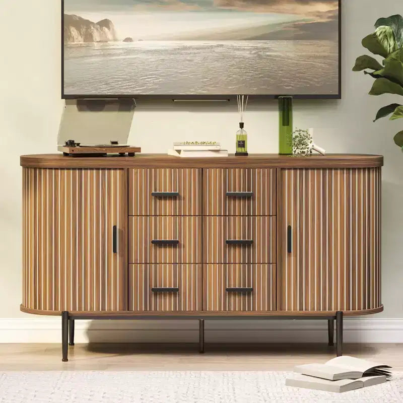 47 Cassettiera Credenza a Buffet Moderna di Metà Secolo in Finto Marmo, Consolle Contenitore Scanalata con 3 Cassetti e Gambe in Metallo per Sala da Pranzo Soggiorno Ingresso