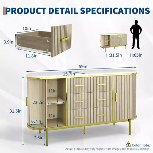 47 Cassettiera Credenza a Buffet Moderna di Metà Secolo in Finto Marmo, Consolle Contenitore Scanalata con 3 Cassetti e Gambe in Metallo per Sala da Pranzo Soggiorno Ingresso