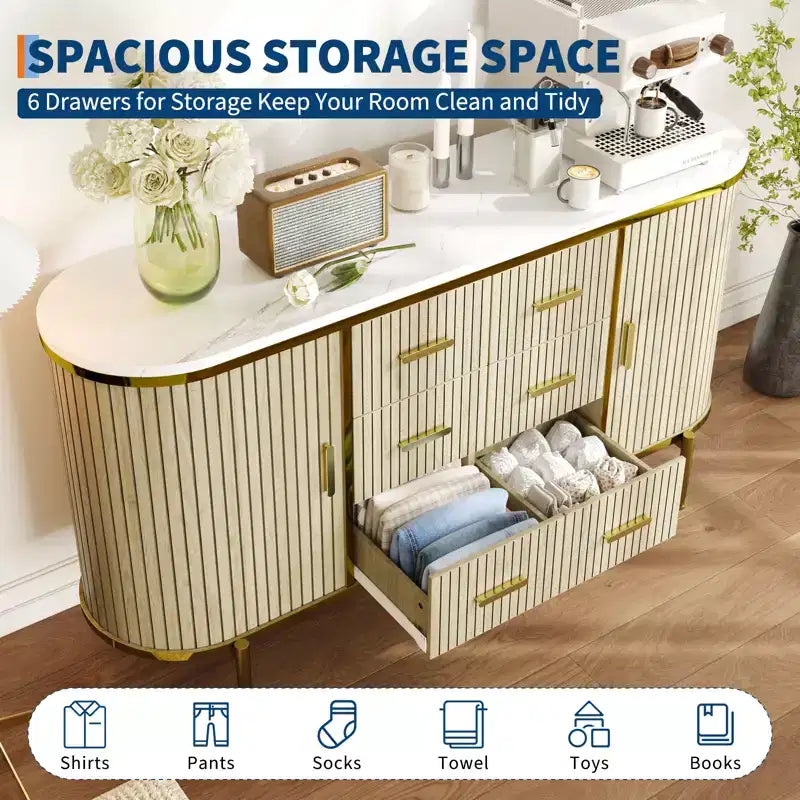 47 Cassettiera Credenza a Buffet Moderna di Metà Secolo in Finto Marmo, Consolle Contenitore Scanalata con 3 Cassetti e Gambe in Metallo per Sala da Pranzo Soggiorno Ingresso