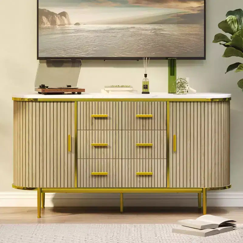 47 Cassettiera Credenza a Buffet Moderna di Metà Secolo in Finto Marmo, Consolle Contenitore Scanalata con 3 Cassetti e Gambe in Metallo per Sala da Pranzo Soggiorno Ingresso