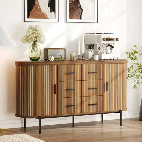 47 Faux Marble Mid-Century Modern Sideboard Buffet Cabinet, Fluted Storage Console with 3 Drawers & Metal Legs for Dining Room Living Room Entryway