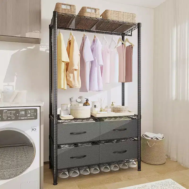 Appendiabiti Pesante con 4 Cassetti e Asta Appendiabiti, Armadio Organizzatore Autoportante con Ripiani Regolabili per Camera da Letto, Dormitorio o Ingresso