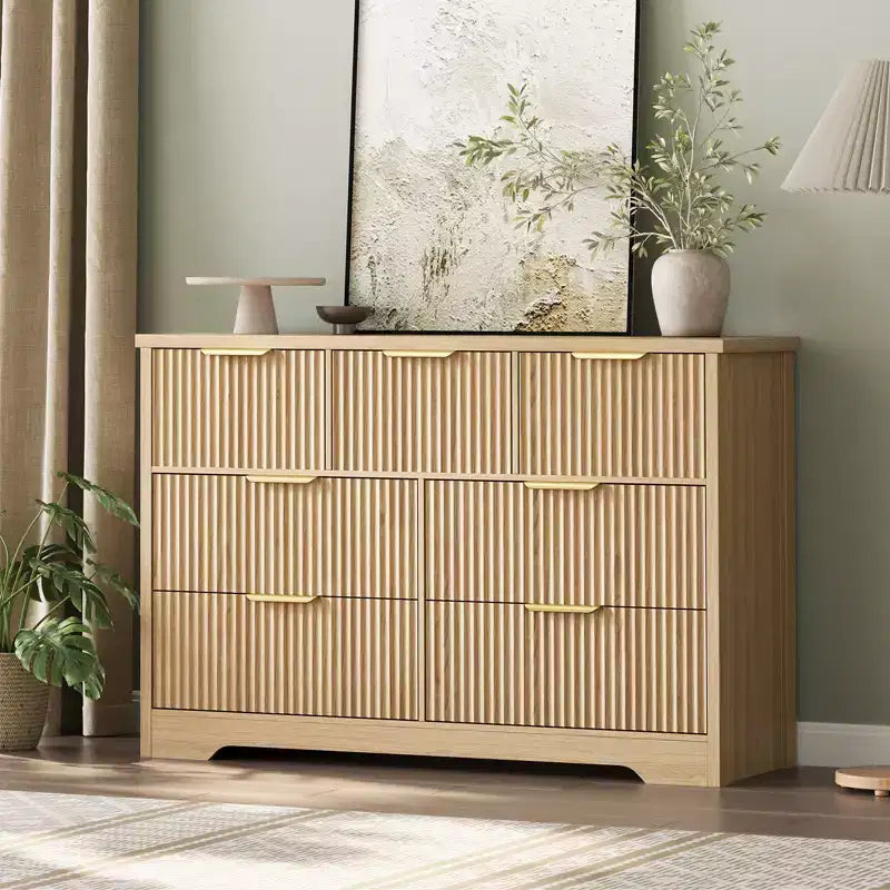 Cassettiera scanalata a 7 cassetti per camera da letto - Cassettiera in legno larga 120 cm con maniglie in metallo, organizer moderno e mobile TV con console multimediale