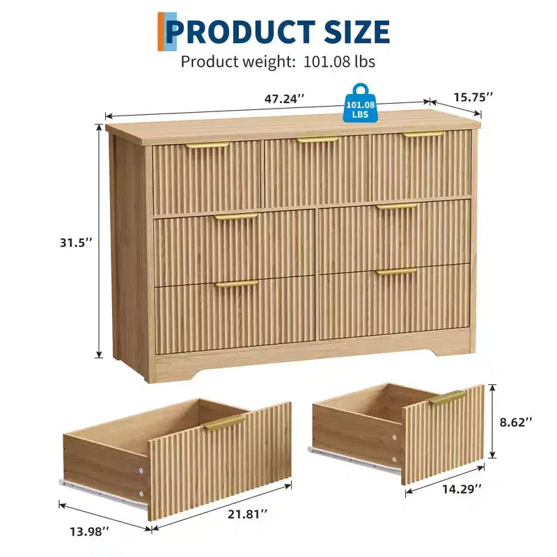 Cassettiera scanalata a 7 cassetti per camera da letto - Cassettiera in legno larga 120 cm con maniglie in metallo, organizer moderno e mobile TV con console multimediale