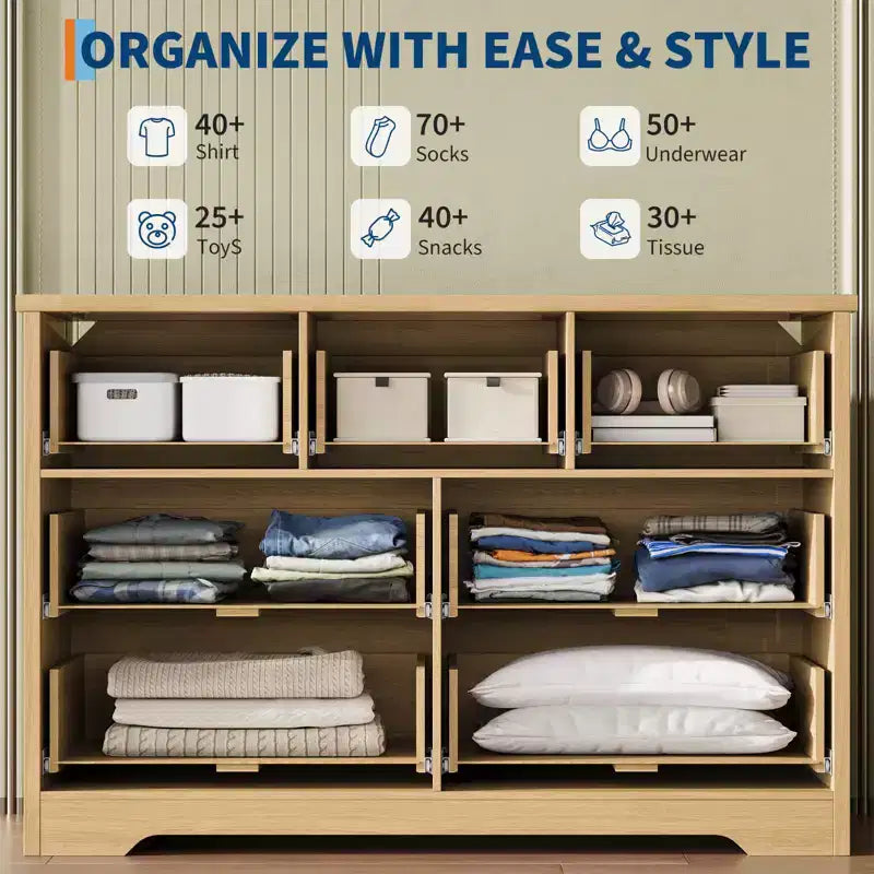 Cassettiera scanalata a 7 cassetti per camera da letto - Cassettiera in legno larga 120 cm con maniglie in metallo, organizer moderno e mobile TV con console multimediale