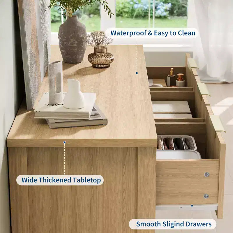 Cassettiera scanalata a 7 cassetti per camera da letto - Cassettiera in legno larga 120 cm con maniglie in metallo, organizer moderno e mobile TV con console multimediale