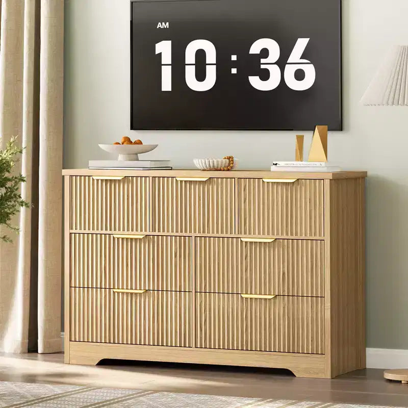 Cassettiera scanalata a 7 cassetti per camera da letto - Cassettiera in legno larga 120 cm con maniglie in metallo, organizer moderno e mobile TV con console multimediale