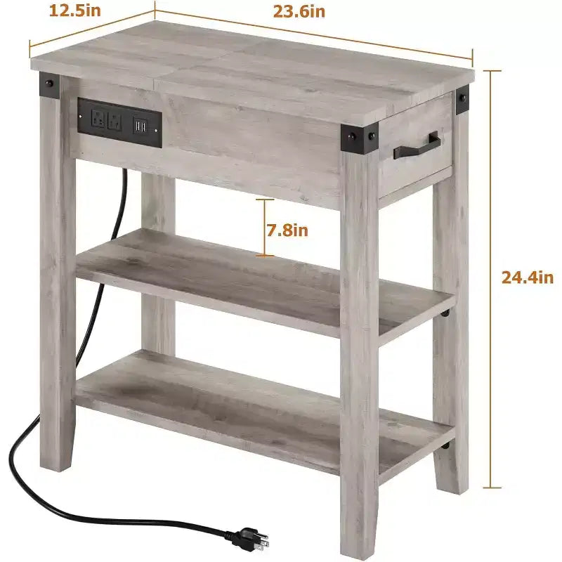 Tavolino stretto con coperchio a ribalta con porte USB e prese di corrente, cassetto e ripiani portaoggetti per camera da letto e soggiorno