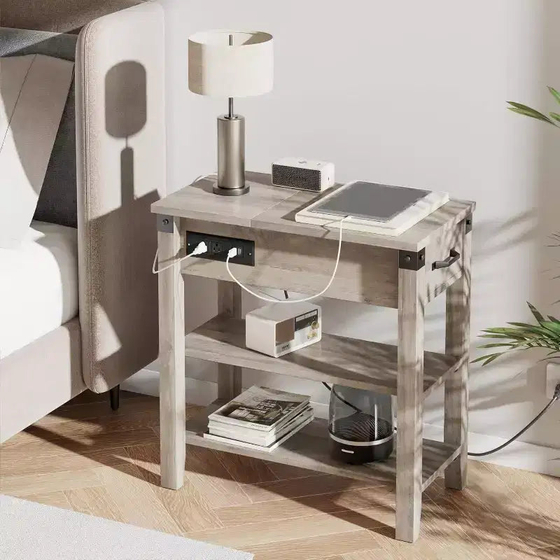 Tavolino stretto con coperchio a ribalta con porte USB e prese di corrente, cassetto e ripiani portaoggetti per camera da letto e soggiorno
