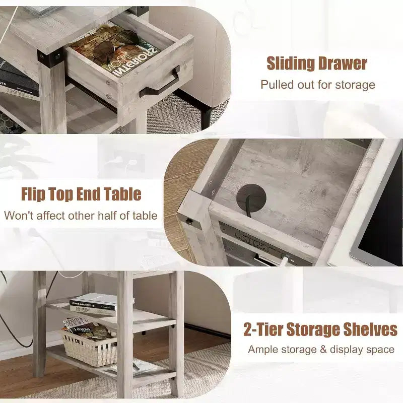 Tavolino stretto con coperchio a ribalta con porte USB e prese di corrente, cassetto e ripiani portaoggetti per camera da letto e soggiorno