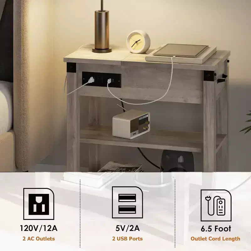 Tavolino stretto con coperchio a ribalta con porte USB e prese di corrente, cassetto e ripiani portaoggetti per camera da letto e soggiorno