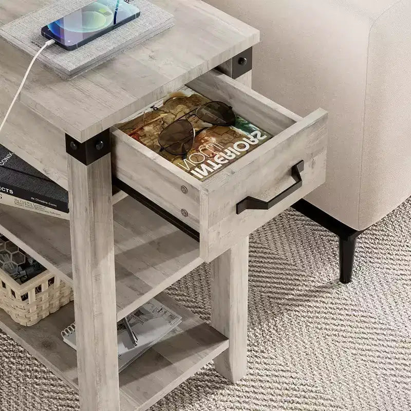 Tavolino stretto con coperchio a ribalta con porte USB e prese di corrente, cassetto e ripiani portaoggetti per camera da letto e soggiorno