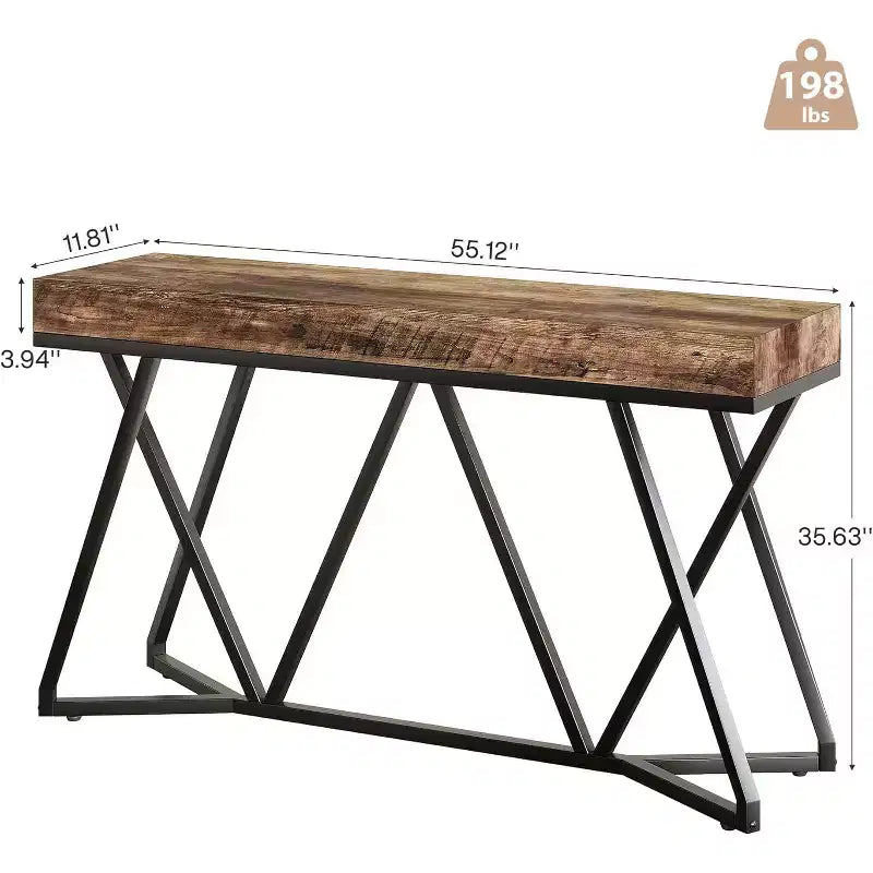 Lantine, Tavolo Consolle da 55 Pollici per Ingresso, Tavolo da Divano Industriale in Legno con Base Geometrica in Metallo per Soggiorno, Ingresso, Corridoio, Marrone Rustico