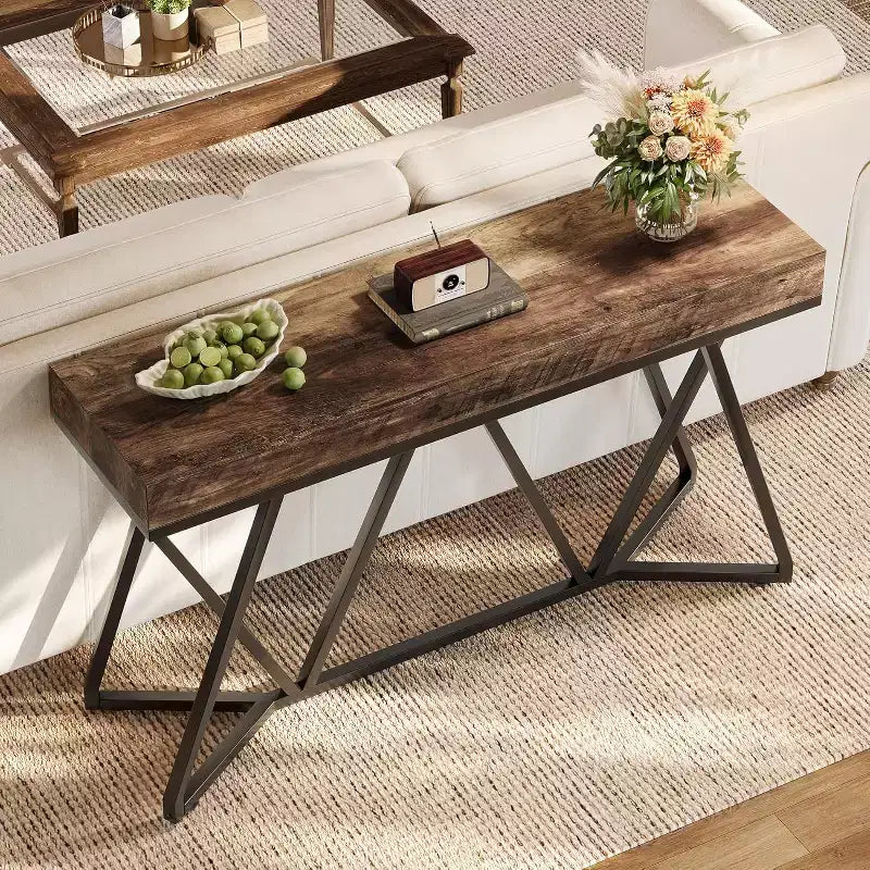 Lantine, Tavolo Consolle da 55 Pollici per Ingresso, Tavolo da Divano Industriale in Legno con Base Geometrica in Metallo per Soggiorno, Ingresso, Corridoio, Marrone Rustico