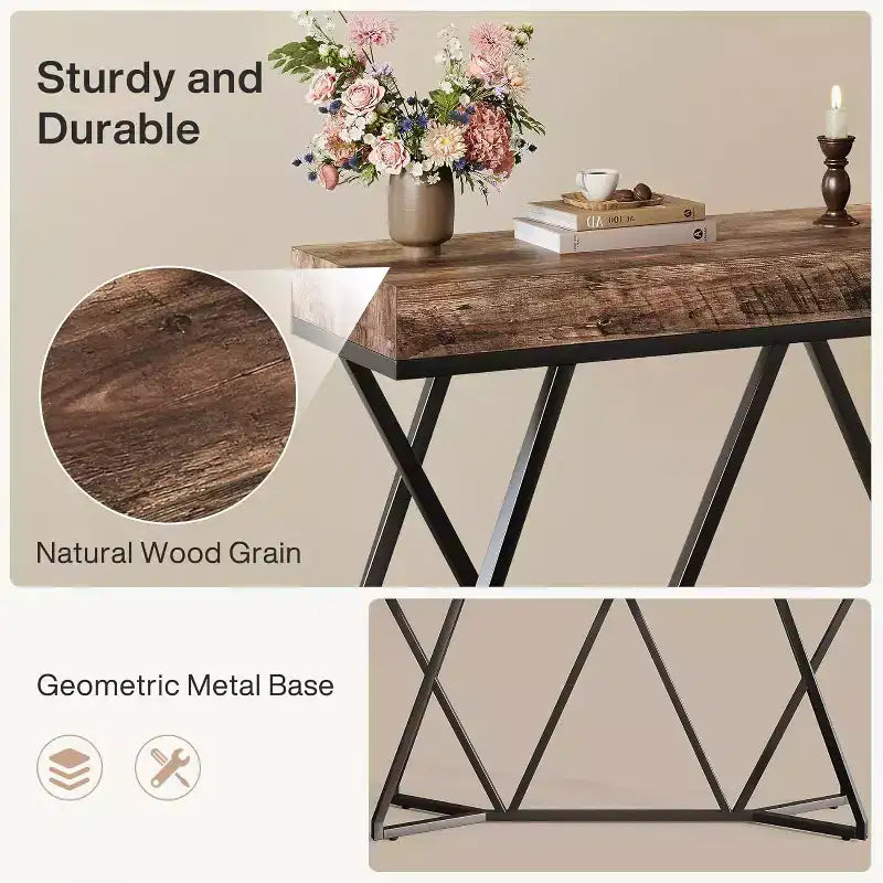 Lantine, Tavolo Consolle da 55 Pollici per Ingresso, Tavolo da Divano Industriale in Legno con Base Geometrica in Metallo per Soggiorno, Ingresso, Corridoio, Marrone Rustico