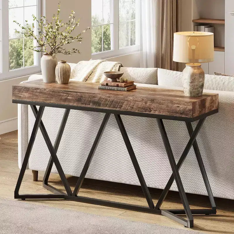 Lantine, Tavolo Consolle da 55 Pollici per Ingresso, Tavolo da Divano Industriale in Legno con Base Geometrica in Metallo per Soggiorno, Ingresso, Corridoio, Marrone Rustico