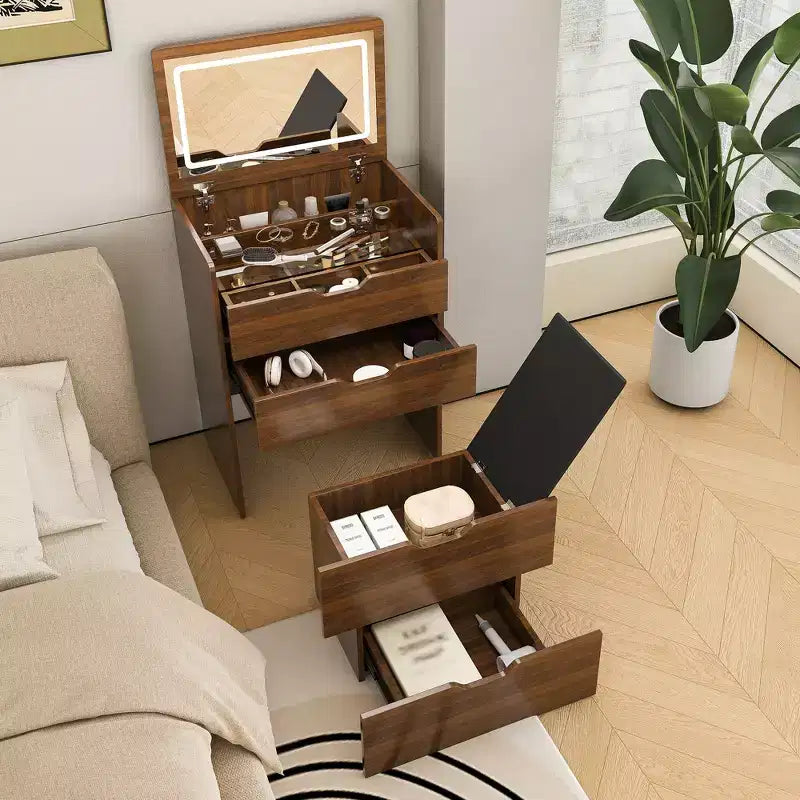 JVNOXK Toeletta 3 in 1 da 58,4 cm con Specchio Illuminato e Sgabello, Design con Ribalta, Adatta per Camera da Letto o Bagno, Capacità di Archiviazione, Finitura Noce