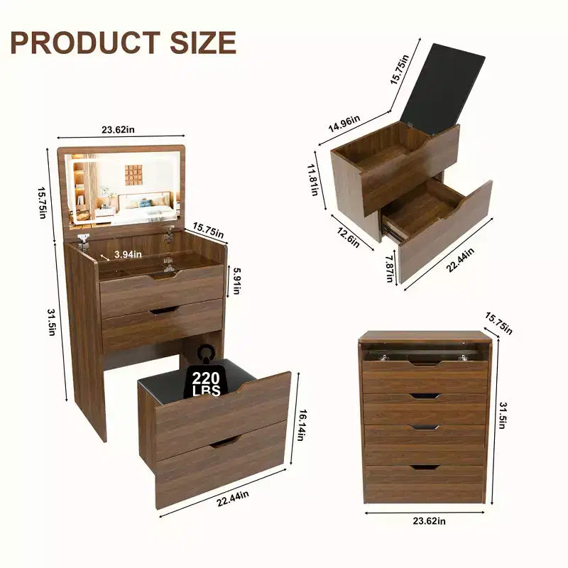 JVNOXK Toeletta 3 in 1 da 58,4 cm con Specchio Illuminato e Sgabello, Design con Ribalta, Adatta per Camera da Letto o Bagno, Capacità di Archiviazione, Finitura Noce