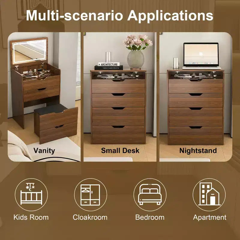 JVNOXK Toeletta 3 in 1 da 58,4 cm con Specchio Illuminato e Sgabello, Design con Ribalta, Adatta per Camera da Letto o Bagno, Capacità di Archiviazione, Finitura Noce