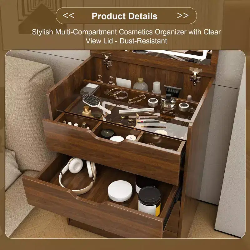 JVNOXK Toeletta 3 in 1 da 58,4 cm con Specchio Illuminato e Sgabello, Design con Ribalta, Adatta per Camera da Letto o Bagno, Capacità di Archiviazione, Finitura Noce