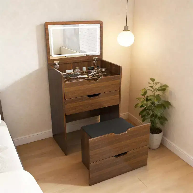 JVNOXK Toeletta 3 in 1 da 58,4 cm con Specchio Illuminato e Sgabello, Design con Ribalta, Adatta per Camera da Letto o Bagno, Capacità di Archiviazione, Finitura Noce