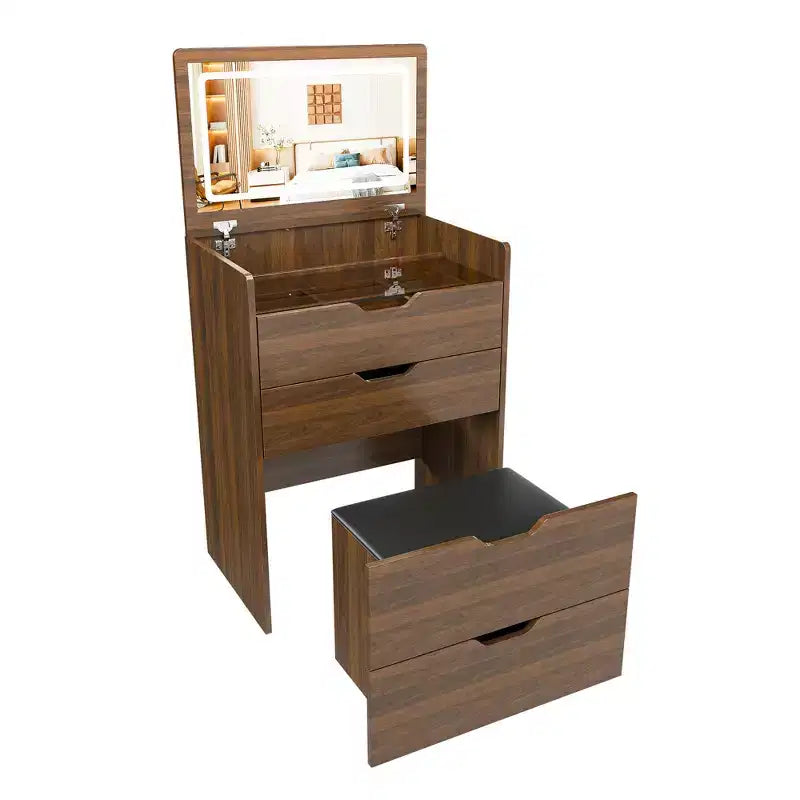 JVNOXK Toeletta 3 in 1 da 58,4 cm con Specchio Illuminato e Sgabello, Design con Ribalta, Adatta per Camera da Letto o Bagno, Capacità di Archiviazione, Finitura Noce