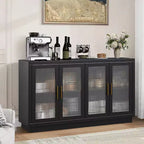Buffet Cabinet with Storage, 55.1 Large Wood Cabinet with 4 Fluted Glass Doors, Black Modern Storage Cabinets for Living Room, Entryway, Kitchen
