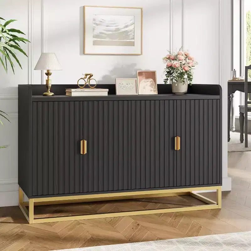 Credenza a scanalature da 47,2 pollici con mobiletto contenitore, credenza da cucina moderna con ripiani regolabili, mobiletto buffet console multimediale con ante