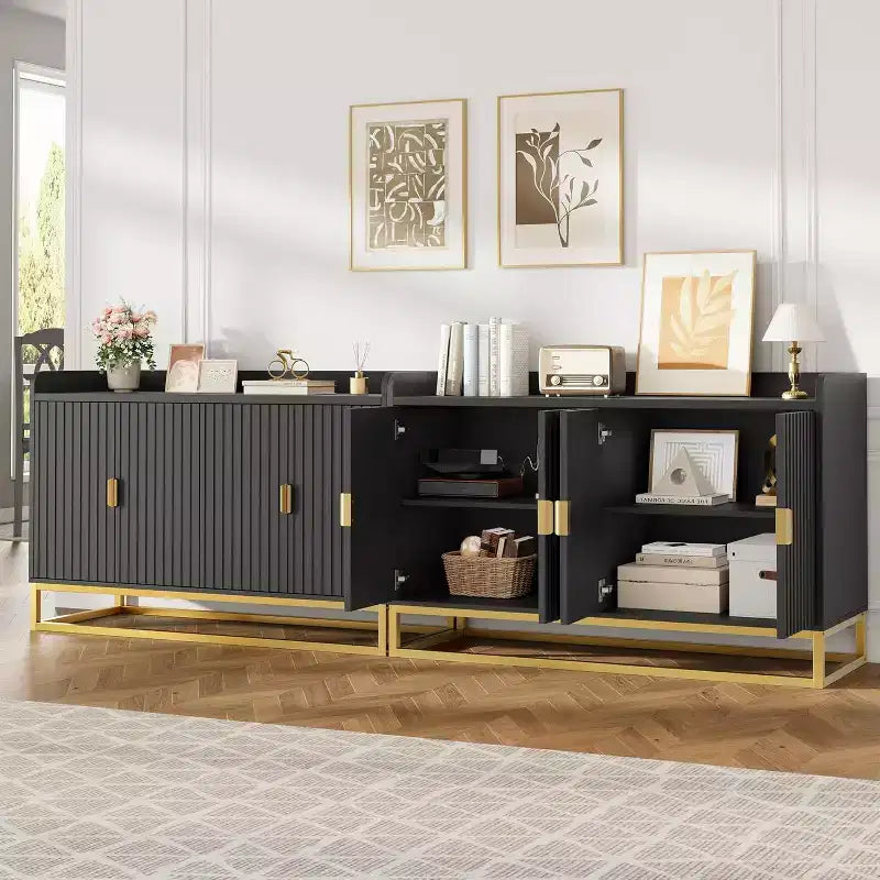 Credenza a scanalature da 47,2 pollici con mobiletto contenitore, credenza da cucina moderna con ripiani regolabili, mobiletto buffet console multimediale con ante