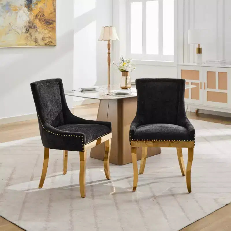Okak Sedie da pranzo moderne in ciniglia con gambe curve placcate in oro, set di 2 sedie da pranzo imbottite con rifiniture a rivetti, sedie da cucina per la casa