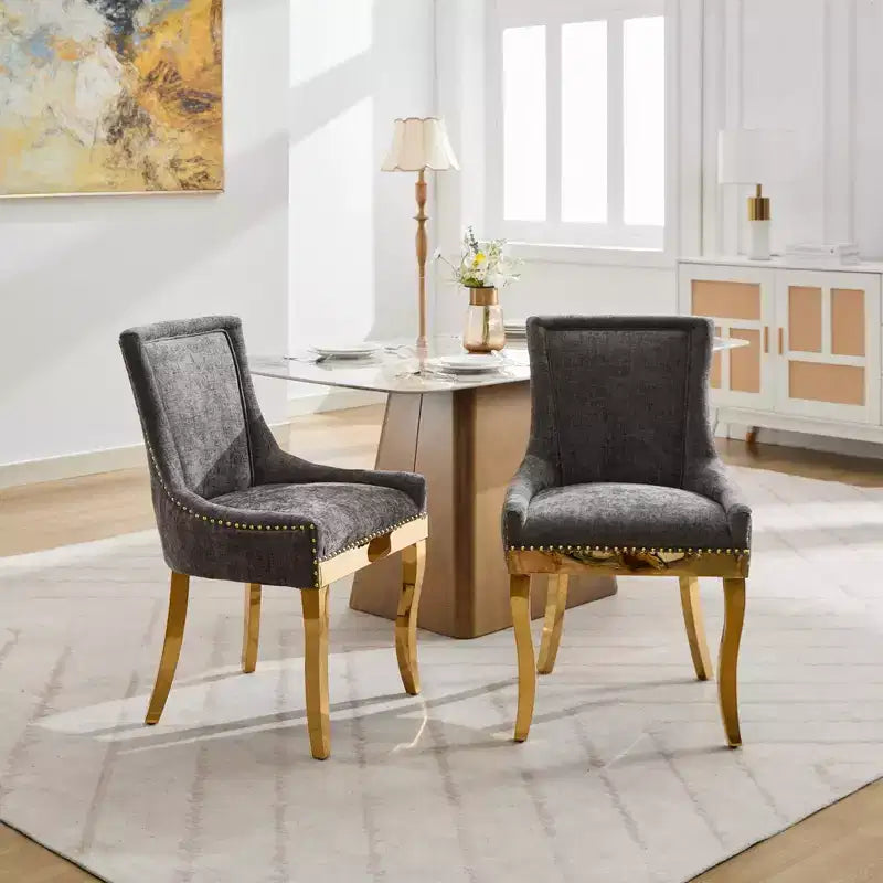 Okak Sedie da pranzo moderne in ciniglia con gambe curve placcate in oro, set di 2 sedie da pranzo imbottite con rifiniture a rivetti, sedie da cucina per la casa