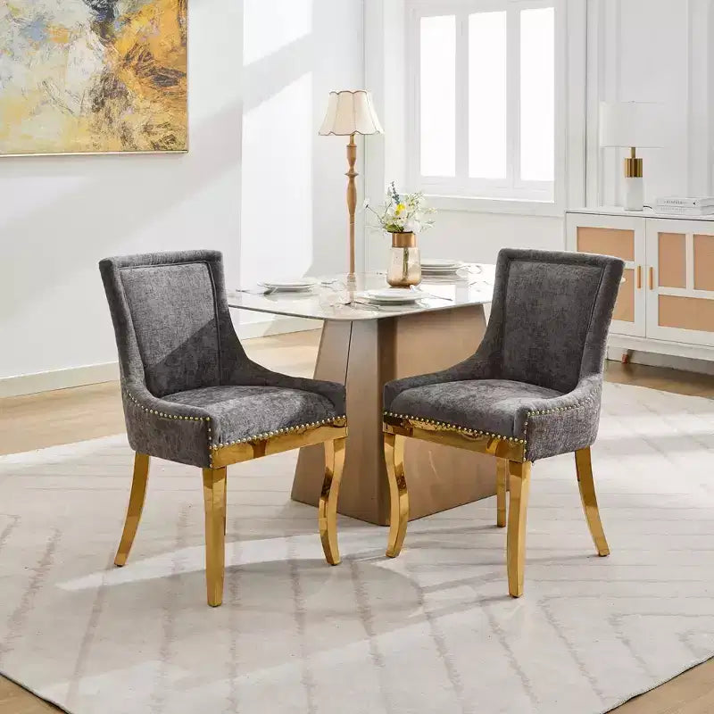 Okak Sedie da pranzo moderne in ciniglia con gambe curve placcate in oro, set di 2 sedie da pranzo imbottite con rifiniture a rivetti, sedie da cucina per la casa