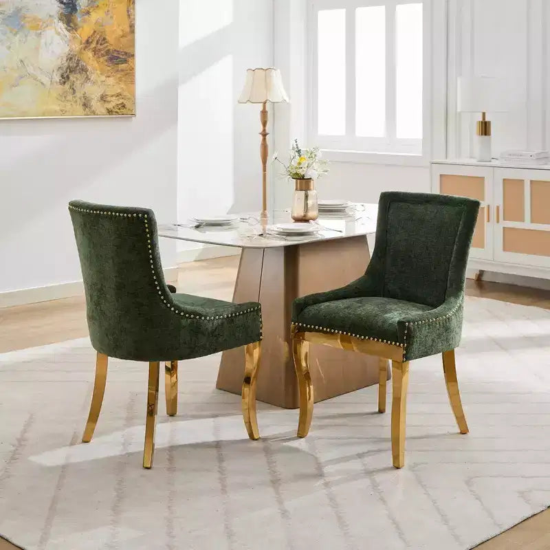 Okak Sedie da pranzo moderne in ciniglia con gambe curve placcate in oro, set di 2 sedie da pranzo imbottite con rifiniture a rivetti, sedie da cucina per la casa