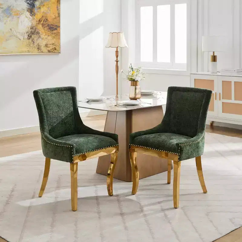 Okak Sedie da pranzo moderne in ciniglia con gambe curve placcate in oro, set di 2 sedie da pranzo imbottite con rifiniture a rivetti, sedie da cucina per la casa