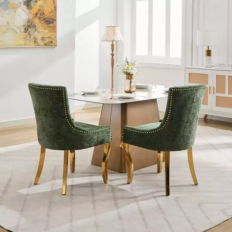 Okak Sedie da pranzo moderne in ciniglia con gambe curve placcate in oro, set di 2 sedie da pranzo imbottite con rifiniture a rivetti, sedie da cucina per la casa