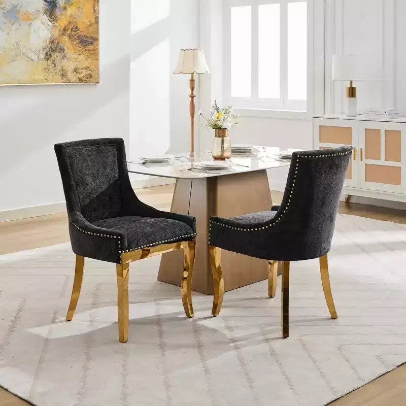 Okak Sedie da pranzo moderne in ciniglia con gambe curve placcate in oro, set di 2 sedie da pranzo imbottite con rifiniture a rivetti, sedie da cucina per la casa