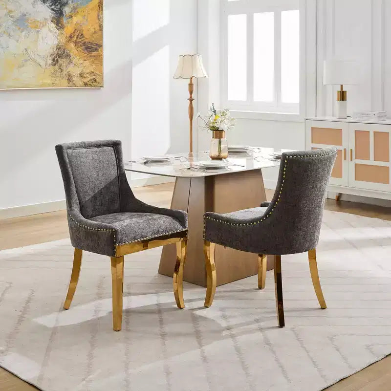Okak Sedie da pranzo moderne in ciniglia con gambe curve placcate in oro, set di 2 sedie da pranzo imbottite con rifiniture a rivetti, sedie da cucina per la casa