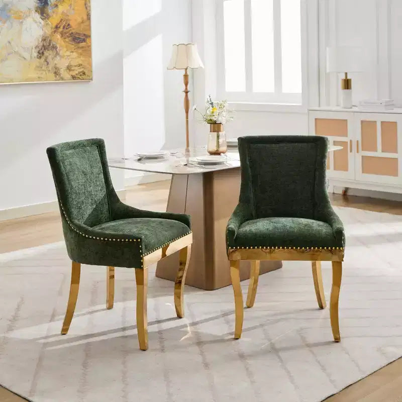 Okak Sedie da pranzo moderne in ciniglia con gambe curve placcate in oro, set di 2 sedie da pranzo imbottite con rifiniture a rivetti, sedie da cucina per la casa