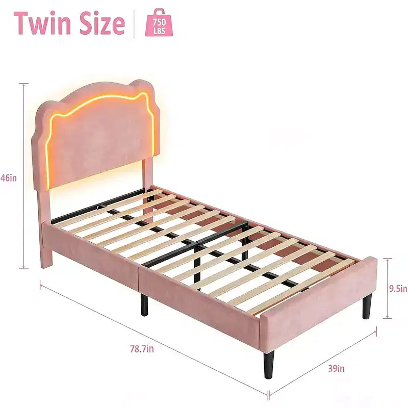 Struttura letto imbottita con LED Smart a una piazza e mezza con testiera e LED, struttura letto a piattaforma da principessa in velluto, supporto con doghe in legno, non è necessario il Box Spring (singolo)