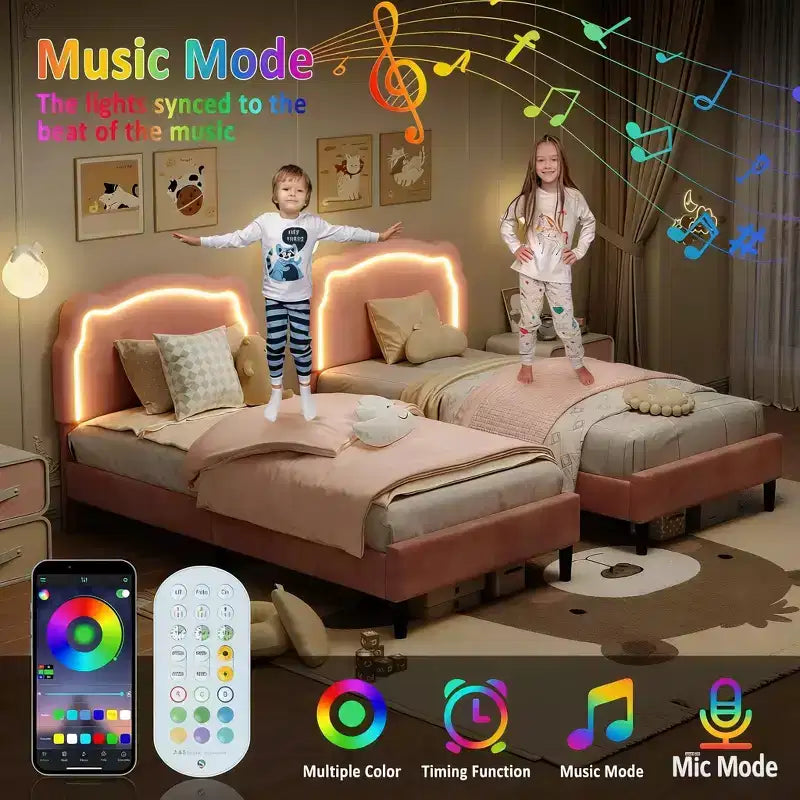 Struttura letto imbottita con LED Smart a una piazza e mezza con testiera e LED, struttura letto a piattaforma da principessa in velluto, supporto con doghe in legno, non è necessario il Box Spring (singolo)