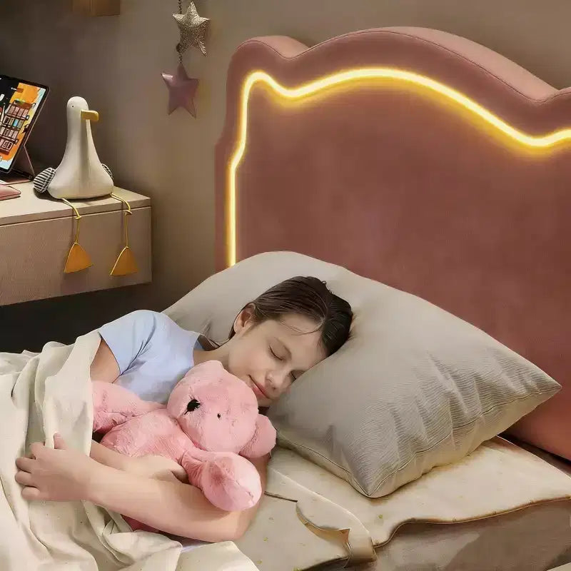 Struttura letto imbottita con LED Smart a una piazza e mezza con testiera e LED, struttura letto a piattaforma da principessa in velluto, supporto con doghe in legno, non è necessario il Box Spring (singolo)