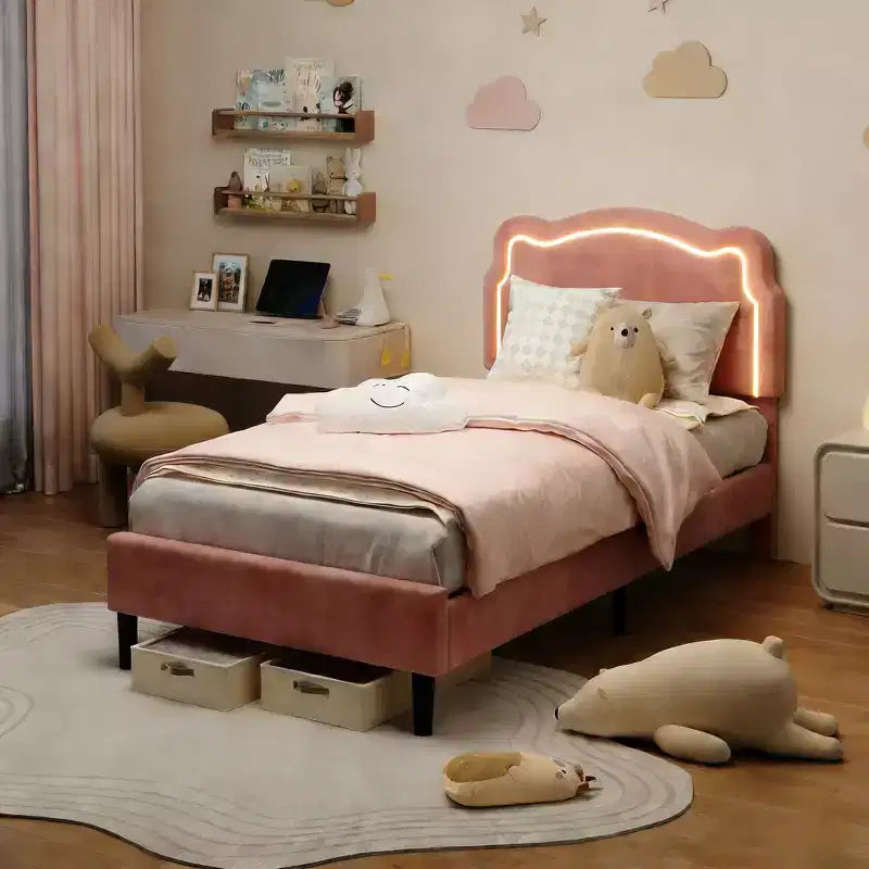 Struttura letto imbottita con LED Smart a una piazza e mezza con testiera e LED, struttura letto a piattaforma da principessa in velluto, supporto con doghe in legno, non è necessario il Box Spring (singolo)